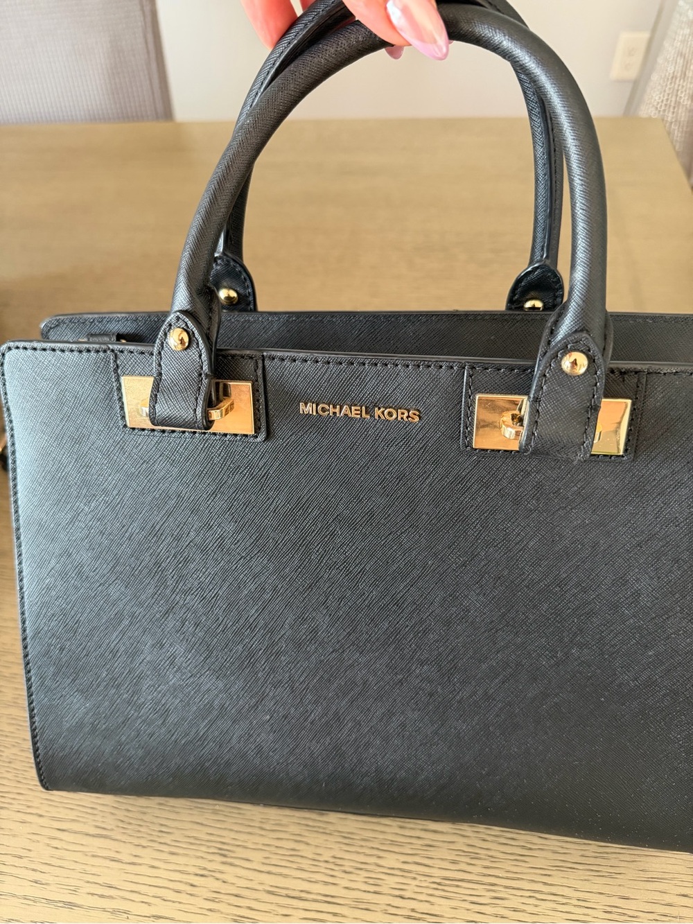 Michael Kors Black Saffiano Leather Satchel with Gold Hardware Accents